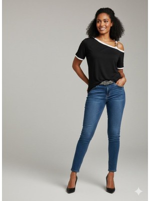 Amorluxe Kadın Kısa Kollu Tek Omuzu Açık Askı Toka Detaylı Viskon Bluz