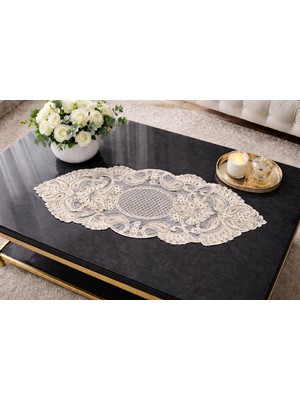 Dilex Fransız Dantelli Tek Runner, Sehpa Örtüsü, Masa Üstü Runner, Çeyizlik Runner Beyaz Bej Renk