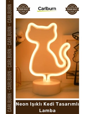 Carlburn Özel Üretim Dekoratif Gece Masaüstü Standlı USB Pilli Estetik LED Neon Işıklı Kedi Tasarımlı Lamba