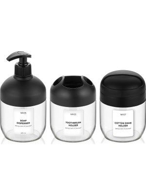 Lemmoni  Qlux 3 Parça Banyo Sabunluk Seti Cam Altlı Sıvı Sabunluk, Diş Fırçalık, Kulak Pamukluk