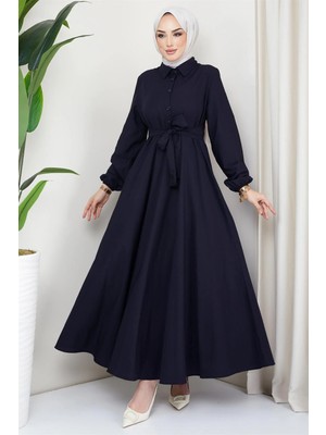 Hafsa Mina Kuşaklı Mevlana Elbise Lacivert HM2105
