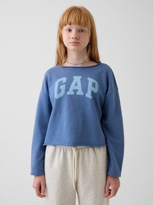 Gap Kız Çocuk Mavi Fransız Havlu Kumaş Wide-Neck Logo Sweatshirt