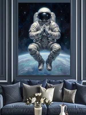 Artmeg Uzayda Bağdaş Kuran Astronot Figürü Dekoratif Kanvas - Mdf Ahşap Tablo