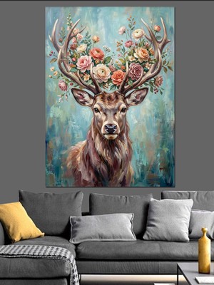 Tablomega Boynuzları Çiçekli Asil Geyik Portresi Dekoratif Kanvas - Mdf Ahşap Tablo