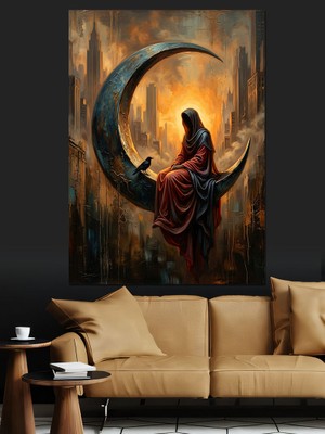 Tablomega Ay Üzerinde Oturan Pelerinli Kadın Dekoratif Kanvas - Mdf Ahşap Tablo