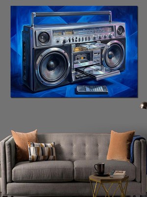 Artmeg Nostaljik Mavi Boombox Kaset Çalar Dekoratif Kanvas - Mdf Ahşap Tablo