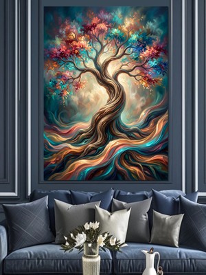 Artmeg Rengarenk Dallı Hayat Ağacı Tablosu Dekoratif Kanvas - Mdf Ahşap Tablo