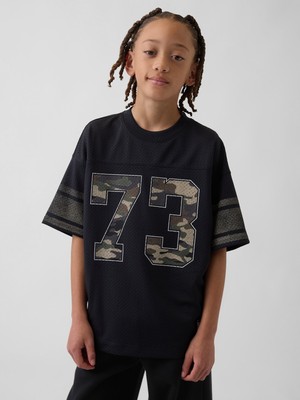 Gap Erkek Çocuk Siyah Mesh Oversized Grafik Jersey T-Shirt