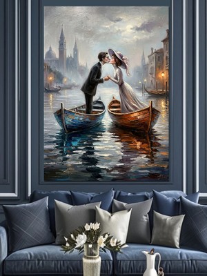 Tablomega Sandalda Öpüşen Romantik Çift Tablosu Dekoratif Kanvas - Mdf Ahşap Tablo