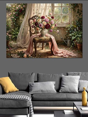 Tablomega Pencere Önünde Çiçekli Eski Koltuk Dekoratif Kanvas - Mdf Ahşap Tablo