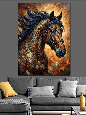 Tablomega Renkli Desenli At Başı Portresi Dekoratif Kanvas - Mdf Ahşap Tablo