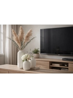 Varkal Pinterest Dekoratif Vazo Seti 3'lü Minimal-Bohem Pampas Vazosu Tv Ünitesi Salon Dekoru