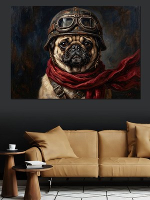 Artmeg Pilot Kasklı Karizmatik Pug Köpeği Dekoratif Kanvas - Mdf Ahşap Tablo