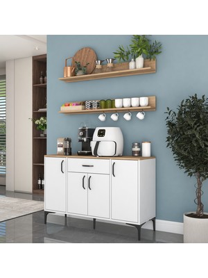 Rani JE233 Kahve Köşesi Çok Amaçlı Dolap 4 Kapaklı 1 Çekmeceli 2 Raflı  Kiler Mutfak Dolabı Beyaz - Sepet Ceviz