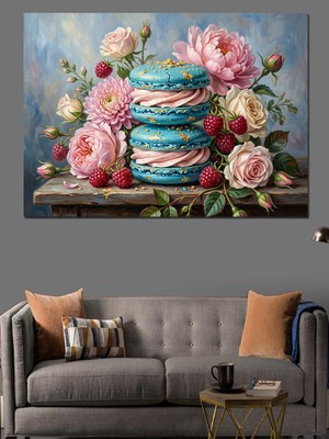 Artmeg Makaronlar ve Pembe Çiçekli Sofra Dekoratif Kanvas - Mdf Ahşap Tablo