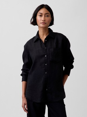 Gap Kadın Siyah 100% Keten Oversize Gömlek