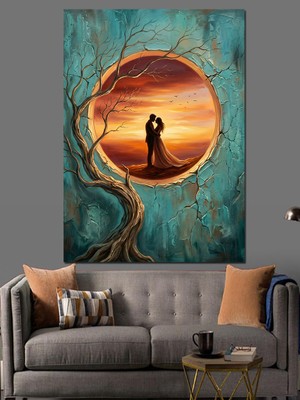 Tablomega Daire Içinde Gün Batımı ve Aşıklar Dekoratif Kanvas - Mdf Ahşap Tablo