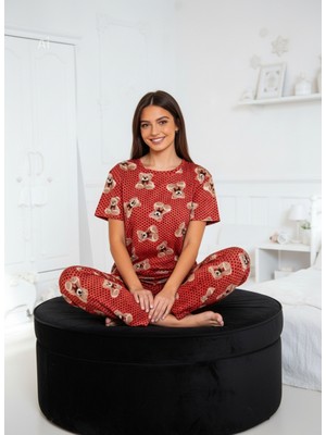 NiCe İç Giyim Bisiklet Yaka Kırmızı Renk Ayıcık Desen Rahat Sevimli Milan Kumaş Kadın Pijama Takım