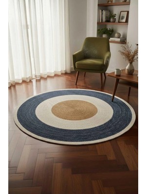 Home İnn Tekstil Home İnn Yuvarlak Halı Lacivert & Natural | Modern Halka Desenli Dekoratif Salon Halısı • Şık Odak Parça