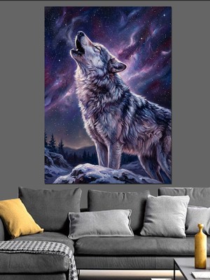 Artmeg Karlı Dağda Uluyan Beyaz Kurt Dekoratif Kanvas - Mdf Ahşap Tablo