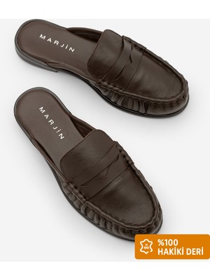 Marjin Kadın Hakiki Deri Önü Kapalı Dikişli Büzgülü Makosen Loafer Günlük Terlik Calista Kahve