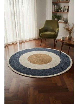 Home İnn Yuvarlak Halı Lacivert & Natural | Modern Halka Desenli Dekoratif Salon Halısı • Şık Odak Parça