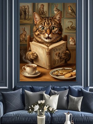 Artmeg Kitap Okuyan ve Kahve Içen Kedi Dekoratif Kanvas - Mdf Ahşap Tablo