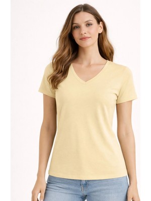 Organickid Basic Kadın V Yaka Semi-Fitted Bej T-Shirt