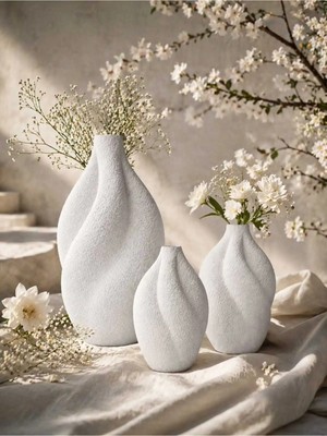 Varkal Modern Kıvrımlı 3'lü Dekoratif Vazo Seti – Seramik Görünümlü Mat Doku, Ev Dekorasyon