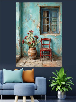 Tablomega Pencere Önünde Kırmızı Çiçekler Tablosu Dekoratif Kanvas - Mdf Ahşap Tablo