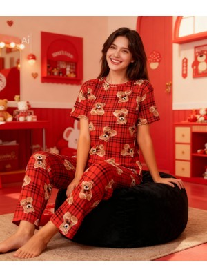NiCe İç Giyim Bisiklet Yaka Kırmızı Ekoseli Tedy Bear Desen Şık Rahat Yumuşacık Kadın Pijama Takım