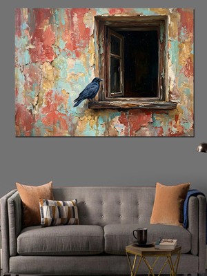 Artmeg Eski Pencere ve Mavi Kuş Dekoratif Kanvas - Mdf Ahşap Tablo