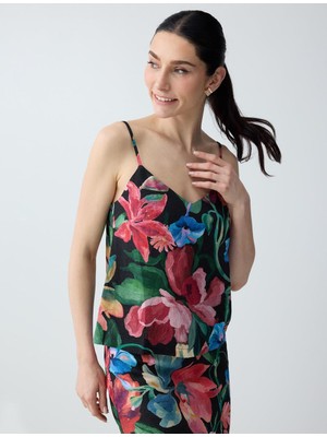 Jimmy Key Siyah Keten Karışımlı Çiçek Desenli V Yaka Dokuma Bluz