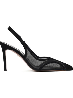 Derimod Kadın Siyah Yüksek Ince Topuklu Arkası Açık Süet Deri Ayakkabı 26PFD100014