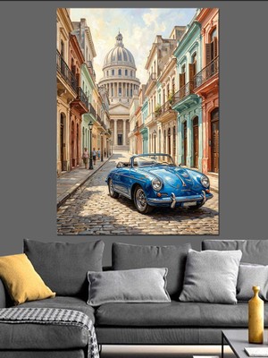 Tablomega Klasik Şehir Sokağında Mavi Araba Dekoratif Kanvas - Mdf Ahşap Tablo