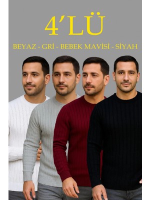 Pileli Store Fitilli Triko Kazak 4’lü Set – Beyaz, Bordo, Gri, Siyah | Kalın Dokuma Pamuklu Regular Fit Bisiklet Yaka Uzun Kollu Kışlık ve Baharlık Rahat Triko Kombini