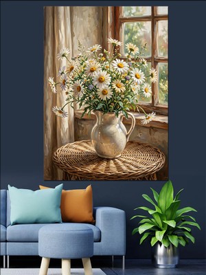 Artmeg Pencere Önünde Papatya Demeti Vazosu Dekoratif Kanvas - Mdf Ahşap Tablo