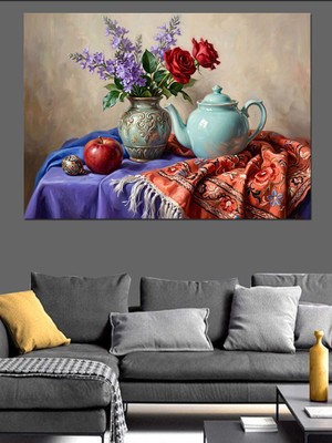 Tablomega Mavi Örtülü Klasik Çay Sofrası Dekoratif Kanvas - Mdf Ahşap Tablo