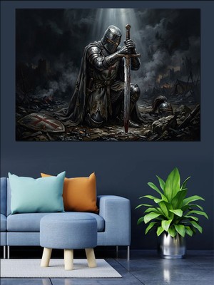 Tablomega Kılıcıyla Diz Çökmüş Yaralı Şövalye Dekoratif Kanvas - Mdf Ahşap Tablo