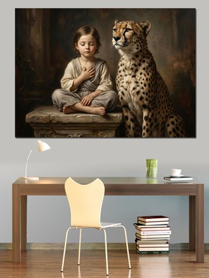 Artmeg Çocuk ve Leopar Yan Yana Dekoratif Kanvas - Mdf Ahşap Tablo