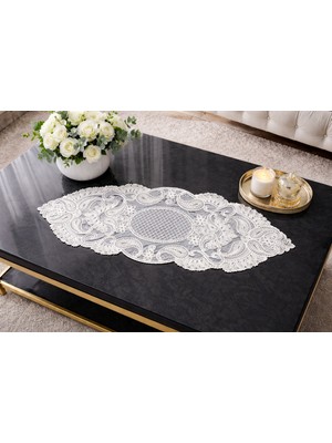 Dilex Fransız Dantelli Tek Runner, Sehpa Örtüsü, Masa Üstü Runner, Çeyizlik Runner Beyaz Bej Renk