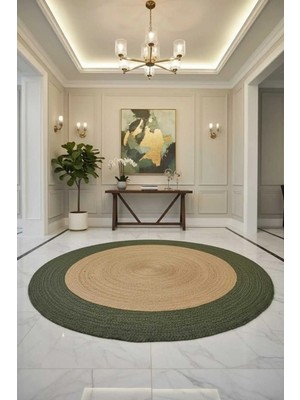 Home İnn Tekstil Home İnn Yuvarlak Halı Yeşil Bordürlü Natural | Doğal Tonlu Şık Salon Halısı | Huzurlu Ev Dekoru