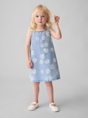 Gap Kız Bebek Mavi Papatya Baskılı Denim Elbise