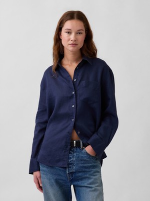 Gap Kadın Lacivert 100% Keten Oversize Gömlek