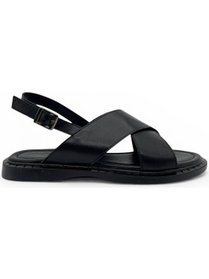 Vieris Siyah Hakiki Deri Çift Bantlı Günlük Kadın Sandalet (05323)