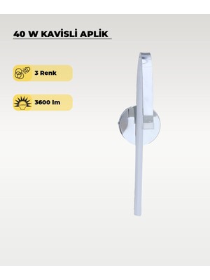 AC Aydınlatma 40W LED Kavisli Aplik – 3 Renk Işık (Sarı/beyaz/gün Işığı) Krom Modern Duvar Aydınlatması