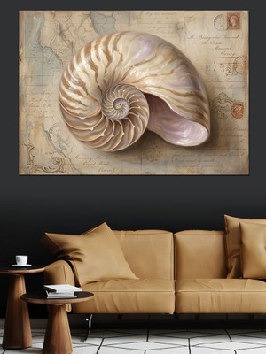 Artmeg Deniz Kabuğu Nautilus Teknik Çizimi Dekoratif Kanvas - Mdf Ahşap Tablo