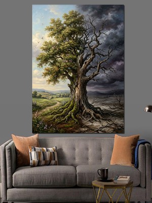 Tablomega Yeşil Vadideki Yalnız Büyük Ağaç Dekoratif Kanvas - Mdf Ahşap Tablo