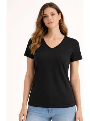 Organickid Basic Kadın V Yaka Semi-Fitted Siyah T-Shirt