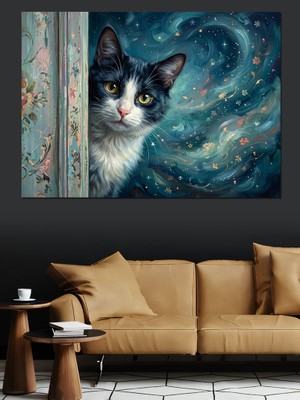 Tablomega Yıldızlı Gökyüzünde Kedi Bakışı Sanatı Dekoratif Kanvas - Mdf Ahşap Tablo